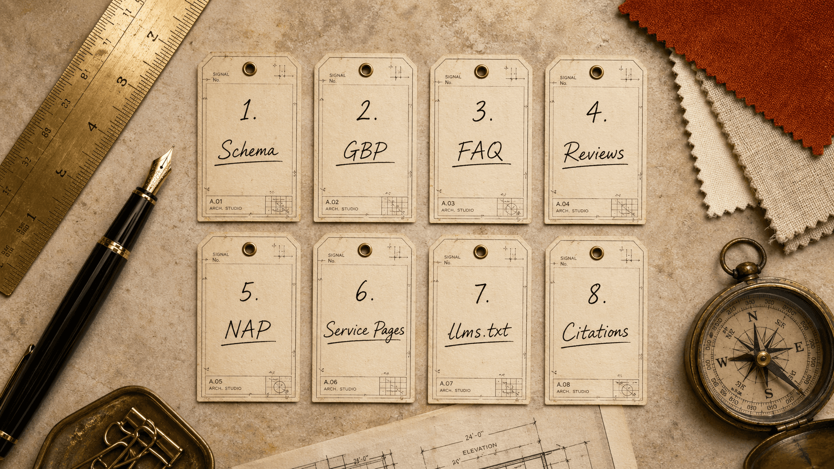 A flat-lay overhead photograph of eight numbered cream paper tags arranged in a 4x2 grid, each handwritten with a signal name (1. Schema, 2. GBP, 3. FAQ, 4. Reviews, 5. NAP, 6. Service Pages, 7. llms.txt, 8. Citations), surrounded by a brass ruler, fountain pen, fabric swatches in rust, and a brass compass