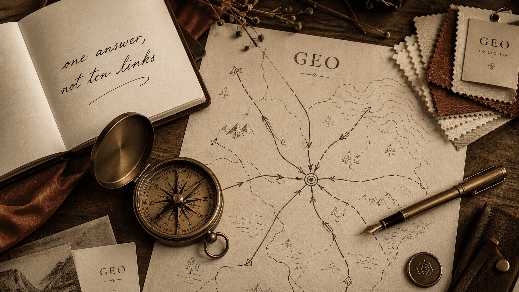 A vintage hand-drawn map labeled GEO with arrows converging on a single point at the center, beside a brass compass, a fountain pen, an open notebook with "one answer, not ten links" handwritten on the page, fabric swatches in cream and rust