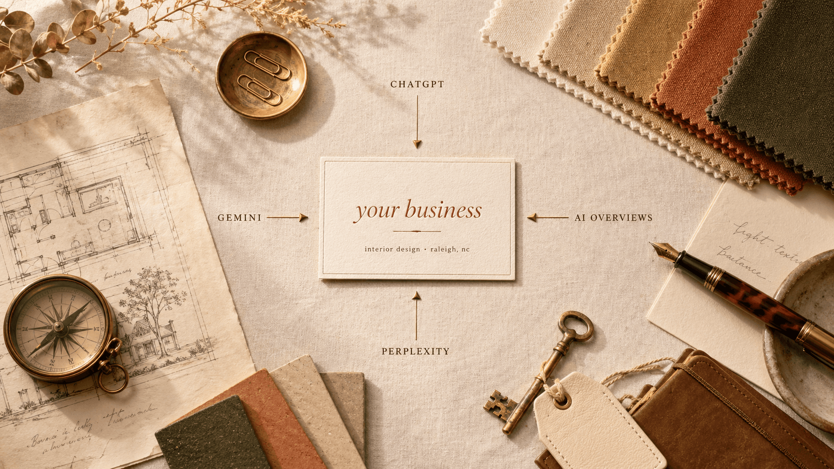 Editorial overhead flat-lay: a cream business card reading 'your business — interior design, Raleigh, NC' at the center of a designer's moodboard, with arrows pointing inward from ChatGPT, Gemini, AI Overviews, and Perplexity. Surrounding the card: fabric swatches in cream, clay, rust, and olive, an architectural parchment sketch, an antique brass compass, a fountain pen, and a brass key on a leather tag.